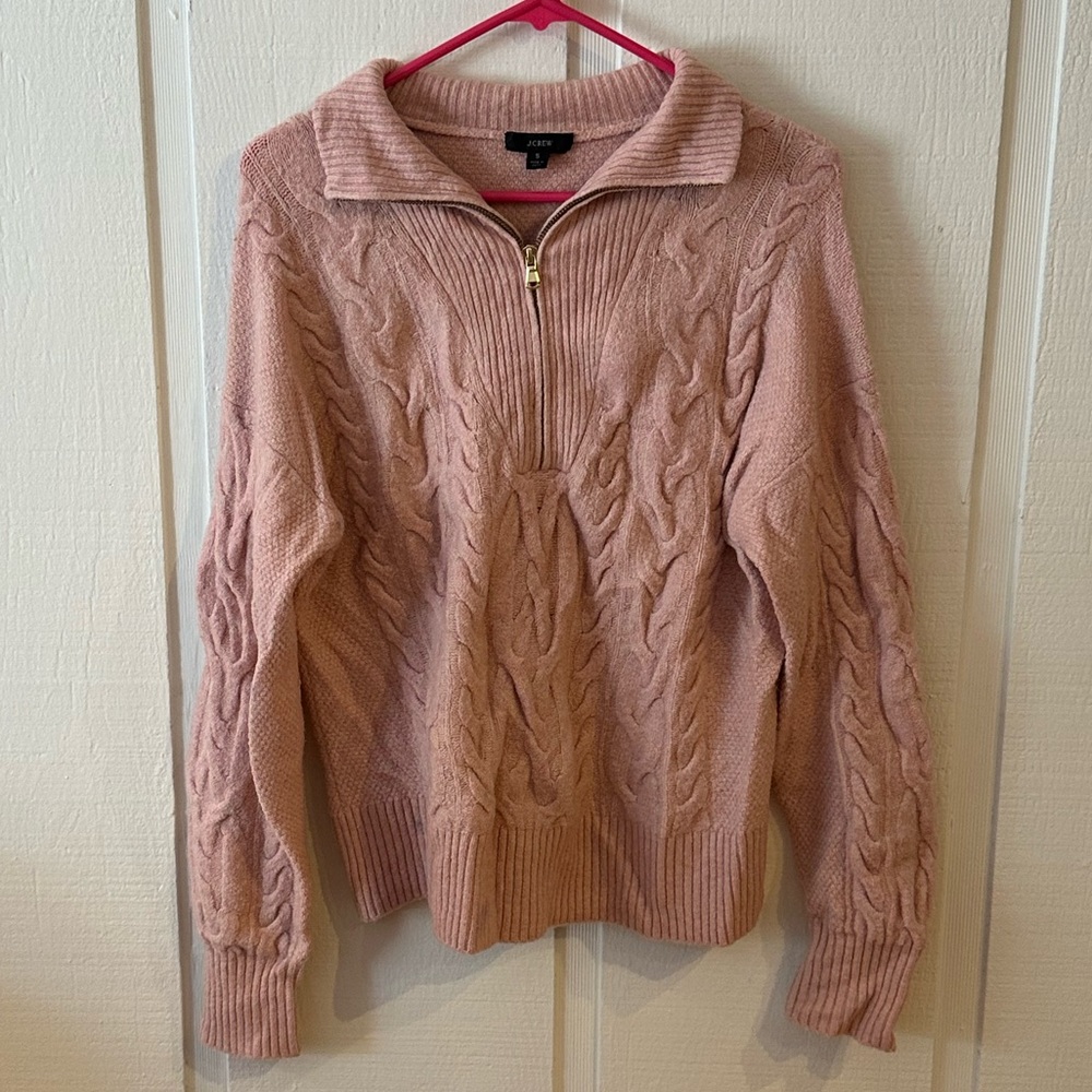 J.Crew Cable Knit Quarter Zip Sweater in Pink Size Small - Picture 2 of 4